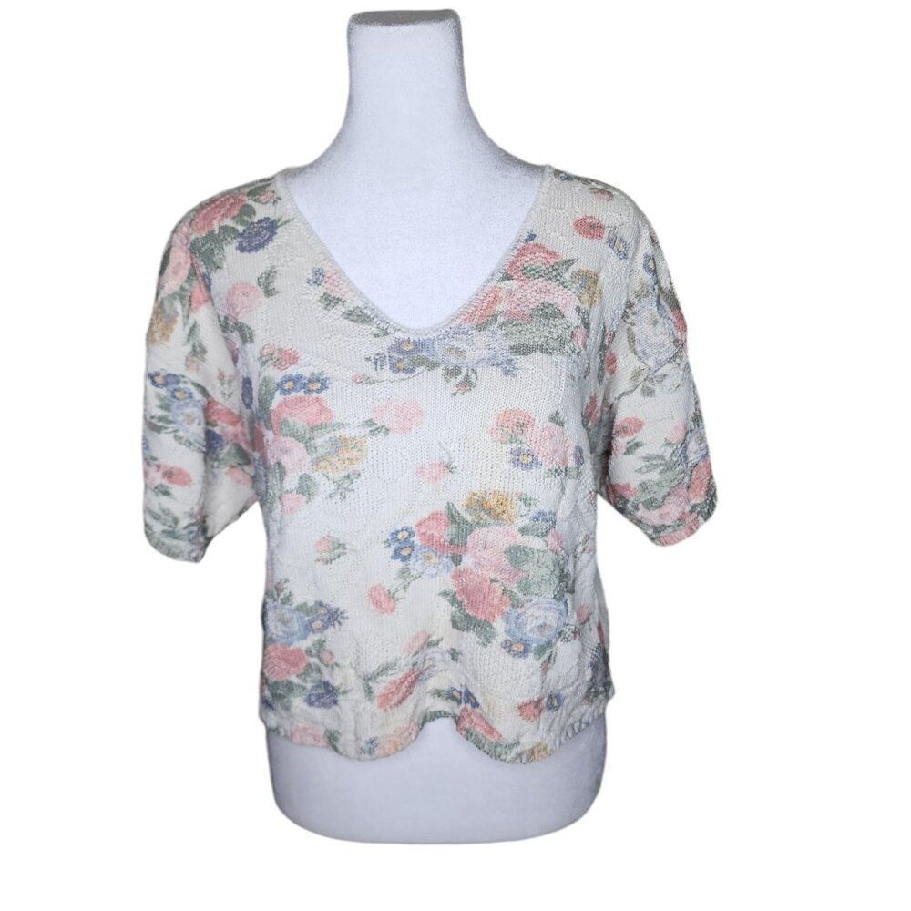 Vintage 80s Rose Knit Short Sleeve Sweater Womens Size M White Cottage Core